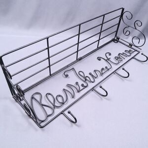 "Bless This Home" Wire Shelf with Hooks 22" long wall mounted foldable